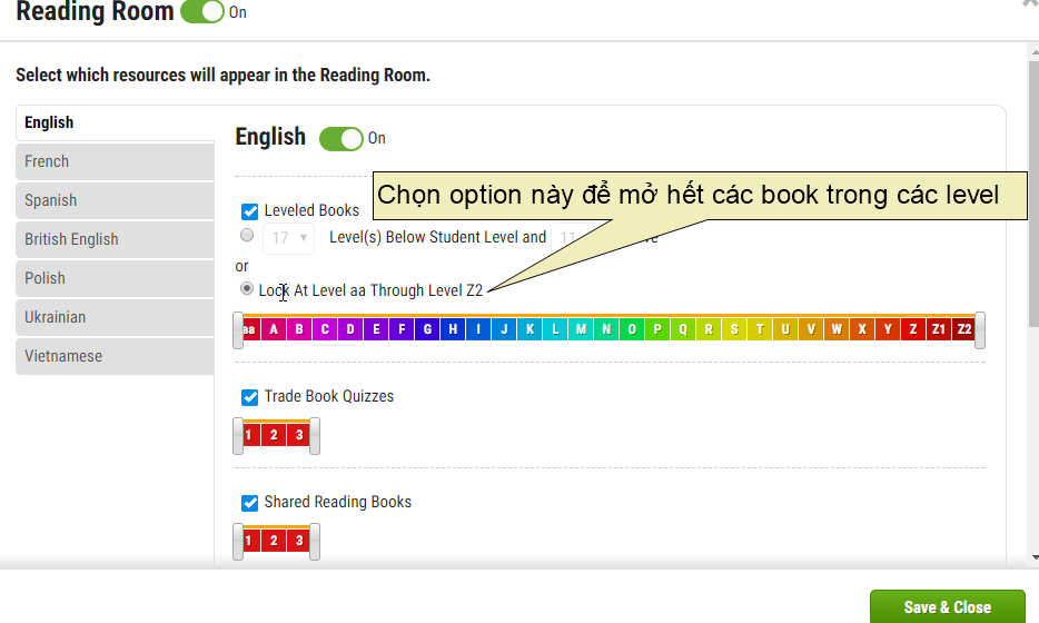 HDSD TK Teacher KidsA-Z: Mở toàn bộ level đọc sách, chọn sách tiếng Pháp, tiếng Việt... cho HS